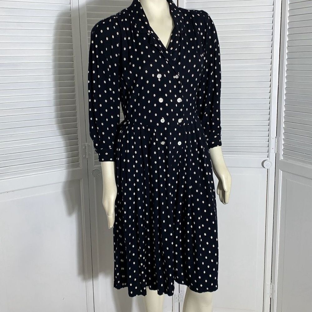 Vintage Navy Blue and White Polka Dot Long Sleeve Dress